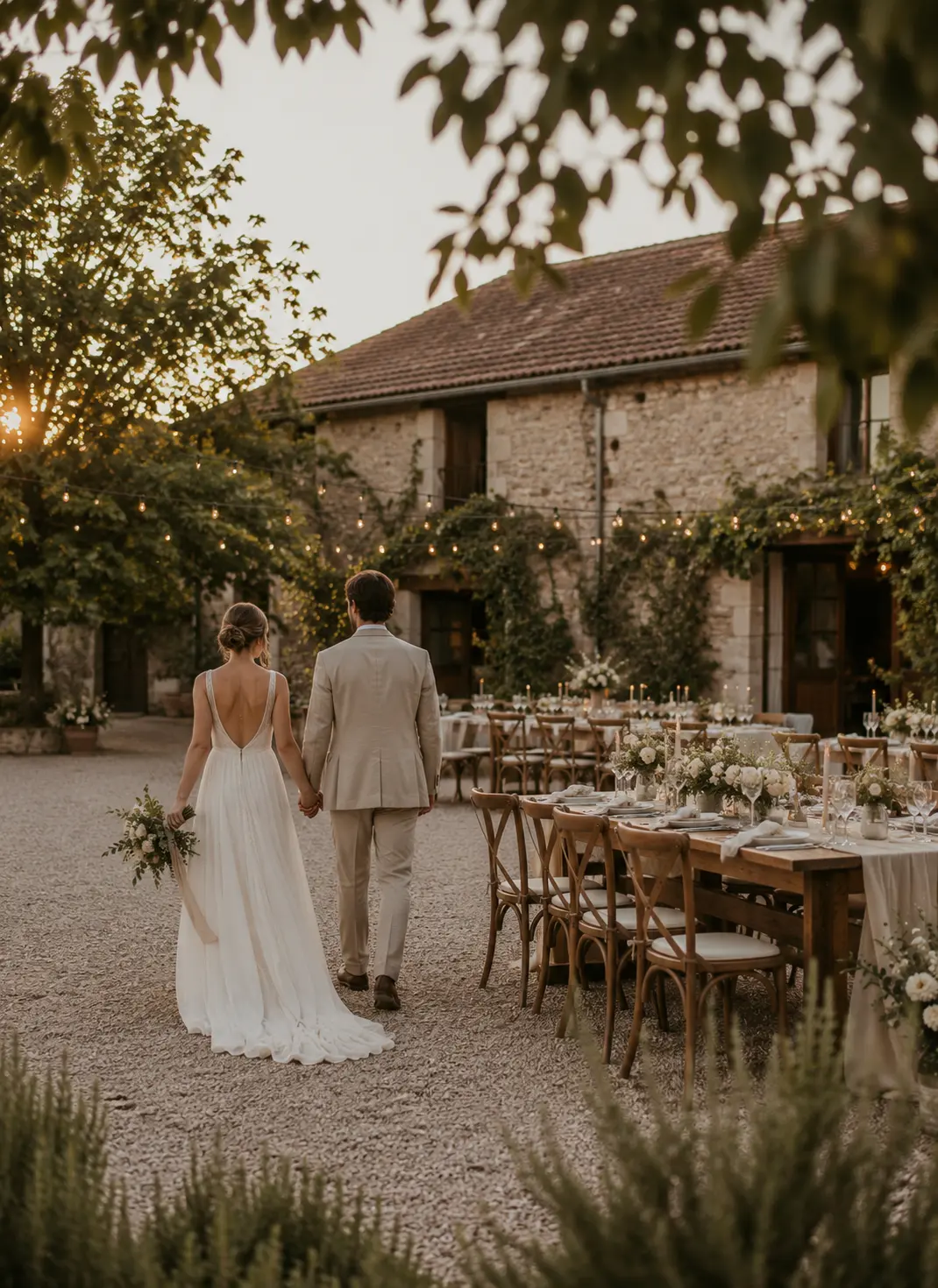 Elegante Hochzeitslocation im mediterranen Landhausstil mit festlich gedeckten Tischen und romantischer Abendstimmung für eine Hochzeit in Thüringen.